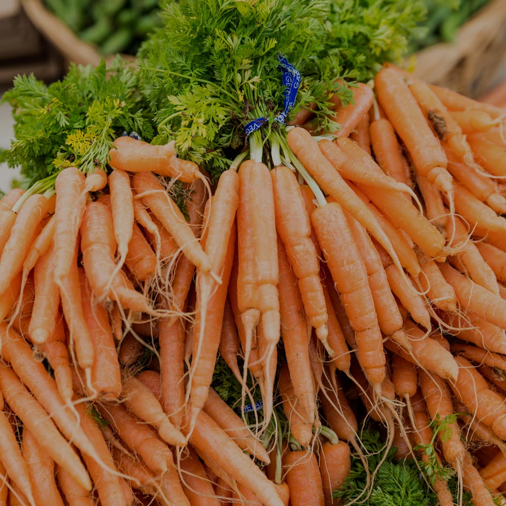 Rustic display of fresh carrots on a wooden table.